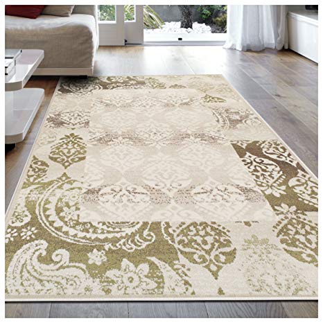 Superior Modern Mystique Collection Area Rug, 8mm Pile Height with Jute Backing, Elegant Multi-colored Damask Pattern, Anti-Static, Water-Repellent Rugs - Beige, 4' x 6' Rug