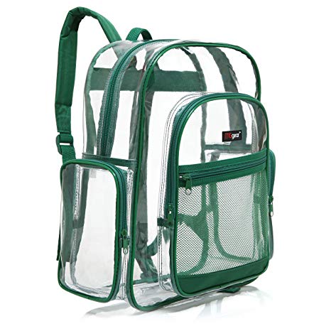 MGgear Transparent PVC Book Bag, Clear Kids School Backpack, Green Trim