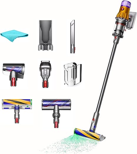 Dyson V12 Detect Slim Absolute Cordless Vacuum Cleaner - Yellow/Iron, HEPA Filter, Up to 60 Min Runtime, LCD Screen Displays, 5 Engineered Accessories, 2-Year Warranty, with 5AVE Microfiber Cloth