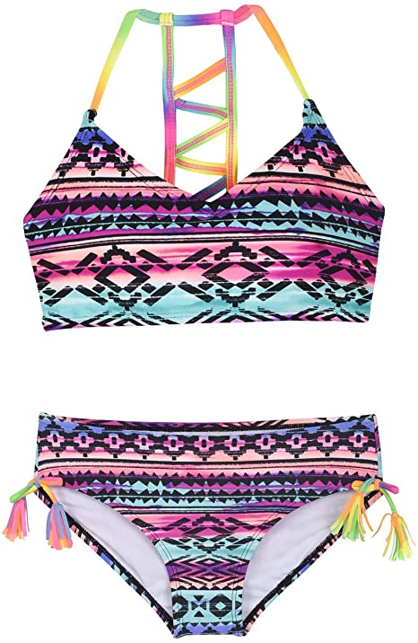 Hilor Girl's Strappy Bikini Set Two Piece Swimsuits Side Tie Hipster Swimwear Tassels Tankini Set