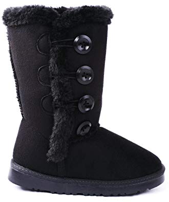 AMY Kids Girls Wooden Button Faux Fur Lined Shearling Mid Calf Winter Boots