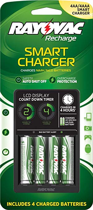 Rayovac PS332-4B LCD Smart Charger with 4 AA Nimh Low Self-Discharge Batteries