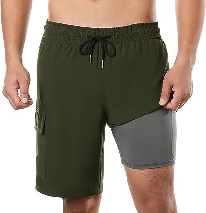 BRISIRA Mens Swim Trunks Swim Shorts with Compression Liner 9 inch Inseam Quick Dry Cargo Pocket Swim Trunks