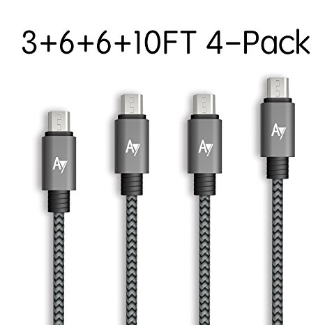 AYIPE Micro USB Cable [4-Pack] - 3 6 6 10 Feet (1 2 2 3 Meters) - GrayBlack - Nylon Braided Tangle-Free Micro USB Cable for Android, Samsung, HTC, Motorola, Nokia and More