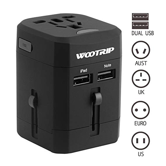 Wootrip International Travel Adapter, Worldwide All in One Power Converter Wall Charger with Dual USB Charging Ports & Universal AC Socket Safety Fused For USA UK EU AUS CN Black (Black)