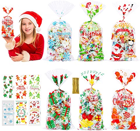 Christmas Gift Bags, Konsait 120pcs Christmas Cellophane Bags,Clear Candy Cookie Treat Bags with Twist Ties Wrapper Bags for Biscuit Chocolate Snacks,Holiday Goody Bags, Xmas Party Favors Supplies