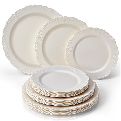 Party Disposable 30pc Dinnerware Set | 10 Dinner Plates | 10 Salad Plates | 10 Dessert Plates | Heavyweight Plastic Dishes | Fine China Look | Upscale Wedding and Dining (Vintage Collection - Cream)