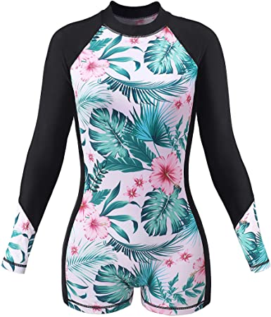 ATTRACO UPF 50  Long Sleeve Rashguard Boyshort One Piece Swimsuits Zip Up Swimsuit