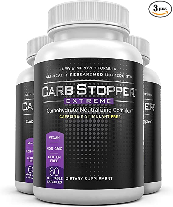 Carb Stopper Extreme (3 Bottles) Maximum Strength, Natural Carbohydrate and Starch Neutralizer | Keto Diet Cheat Supplement to Intercept Carbs with White Kidney Bean Extract, 60 Caps Each