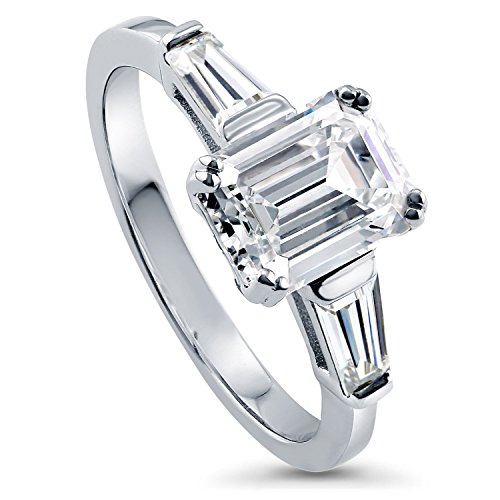 BERRICLE Rhodium Plated Sterling Silver Emerald Cut Cubic Zirconia CZ 3-Stone Engagement Ring
