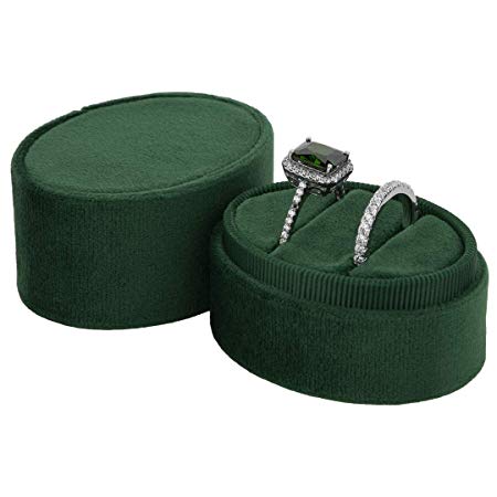 Koyal Wholesale Double Oval Velvet Ring Box, Vintage Wedding Ceremony Ring Box with Detachable Lid, 2 Piece Engagement Ring Box Holder, Proposal Idea, Slim Ring Box with Cushion (Emerald Green)