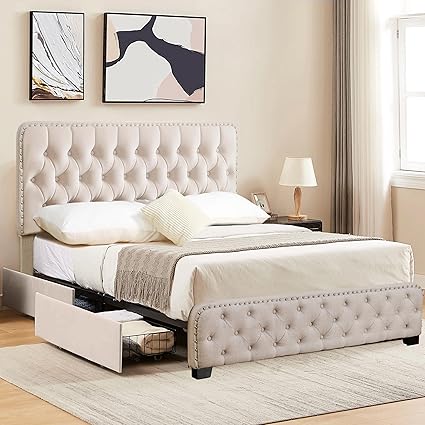 PrimeZone Upholstered Queen Bed Frame - Queen Size Metal Bed Frame with 4 Storage Drawers & Headboard, Button Tufted, Heavy Duty Modern Fabric Bedroom Platform Bedframe, No Box Spring Needed - Beige