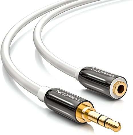 deleyCON 5m (16.40 ft.) Stereo Audio Jack Extension Cable - 3.5mm Jack Female to 3.5mm Jack Plug - AUX Cable Metal Connector - White