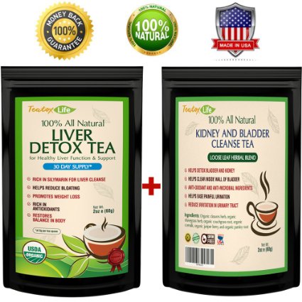 Teatox Life Premium Liver detox and kidney cleanse support tea bundle with dandelion root for organic flush cleansing USDA Made in USA