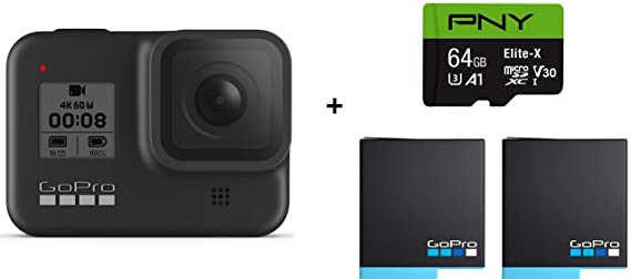 GoPro HERO8 Black Waterproof Action Camera with Touch Screen 4K Ultra HD Video 12MP Photos 1080p Live with Accessory Bundle - 2 Total GoPro USA Batteries   PNY 64GB U3 microSDHC Card