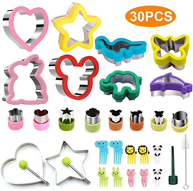 Sandwich Cookie Cutter Stainless Steel for Kids FDA LFGB Certified 4Pcs Large Sandwich Cutters, 4Pcs Medium Cookie Cutters, 8Pcs Vegetable Cutters, 2Pcs Egg Ring Mold ,10Pcs Food Fork for Lunch Party