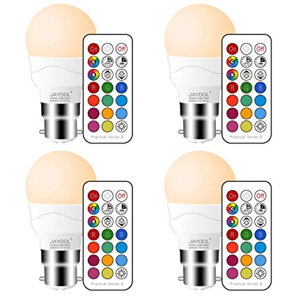 Jayool B22 Colour Changing Light Bulb with Remote Control, RGB Warm White, 3W Bayonet Cap with Timing, Double Memory (4 Pack)