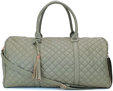 Women's Quilted Leather Weekender Travel Duffel Bag With Rose Gold Hardware - Large 22" Size - Cute Satin Inner Lining - Olive Green