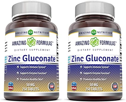 Amazing Formulas Zinc Gluconate - 50 mg, 250 Tablets(Non-GMO) - Supports Immune System - Supports Enzymes Function - Promotes Healthy Skin. (Pack of 2)