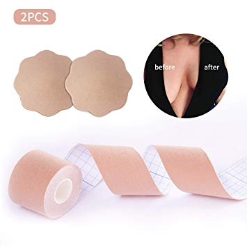 Boob Tape, Adhesive Silicone Bra，DIY Lift Boob Job with Nipple Cover, Petal Chest Paste Breast Lift Tape, Backless Nipple Cover,Body Tape,Push up Breast,Medical Grade and Waterproof. A-H Cup（Thick B）