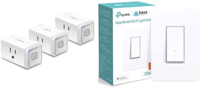 Kasa Smart Plug by TP-Link, Smart Home WiFi Outlet, 12 Amp, 3-Pack & Light Switch by TP-Link, Single Pole, Needs Neutral Wire, 2.4Ghz WiFi Light Switch Works with Alexa and Google Assistant, 1-Pack
