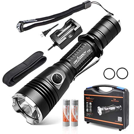 Tactical Flashlight, ORCATORCH T20 980 Lumens Super Bright CREE LED Flashlight with Holster, 2 Rechargeable 18650 Li-on Batteries, IP68 Water-Resistant, 6 Light Modes for Camping, Security, Emergency
