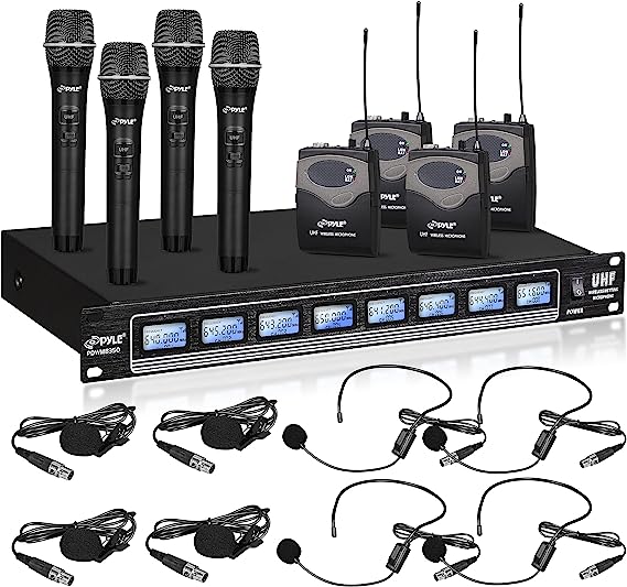 Pyle 8 Ch UHF Wireless Microphone System & Rack Mountable Base 4 Handheld MICS 4 Headsets, 4 Belt Packs, 4 Lavelier/Lapel MIC with Independent Volume Controls AF & RF Signal Indicators (PDWM8350)