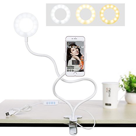 Likisme Cell Phone Holder Clip With LED Lamp for Selfie Ring Light, Live Stream, Desk Lamp, Night Light, Youtube, Facebook, iphone X, iphone 8, 7/plus (3 Lighting Color & 9 Level Brightness Dimmable)