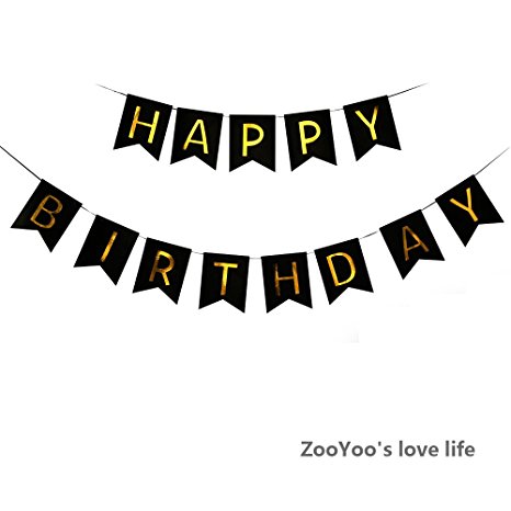 Background & Gold Foiled Letters Happy Birthday Banner (13 Cards) Classy Luxurious Decorations (black)