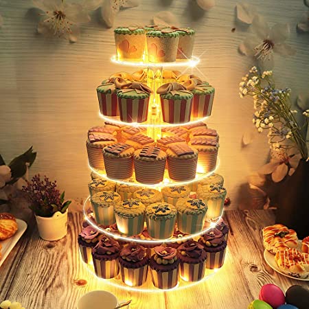 Getwant Pastry Stand 5 Tier Round Acrylic Cupcake Display Tower Stand with LED String Lights Dessert Tree Tower for Birthday Wedding Party