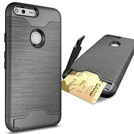 Google Pixel Case, CoverON [SecureCard Series] Slim Fit Protective Hard Hybrid Cover with Credit Card Slot and Kickstand Phone Case for Google Pixel - Gunmetal Gray