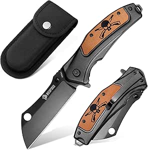 NedFoss Mieba Pocket Knife, 3.5" D2 Steel Pocket Knives & Folding Knives, Tactical Knife Folding Cleaver EDC Knife with Sheath, Pocketclip, Unique Skull G10 Handle Utility Knife