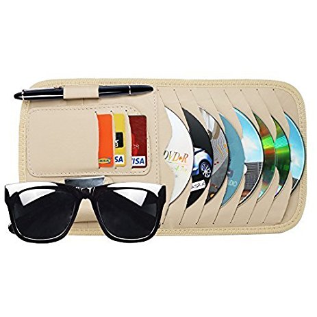 Vulcan-x CD Sun Visor Organizer Detachable Portable PU Leather with 8 CD Slots   3 Credit Cards Pockets   1 Sunglasses Holder   1 Pen holder-Beige