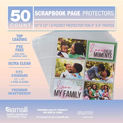 Samsill 50 Pack 12 x 12 Inch Scrapbook Refill Page Protectors, Ultra Clear, Archival Safe, 6 Pockets Hold 4 x 6 Inch Photos, Used with 3 Ring 12 x 12 Scrapbook Album