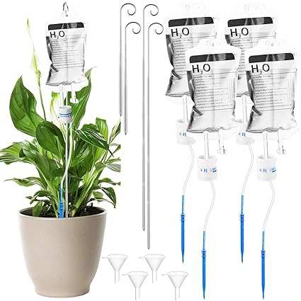 Yaomiao Plant Automatic Watering System 350 ml Plant Drip Irrigation Bag with 24'' Retractable Metal Support Rod Self Watering Devices Small Funnel for Indoor Plants Flowers Watering(4 Sets)