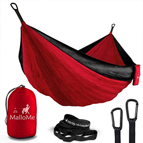 MalloMe Double & Single Portable Camping Hammock - Parachute Lightweight Nylon with Hammok Tree Straps Set- 2 Person Equipment Kids Accessories Max 1000 lbs Breaking Capacity - Free 2 Carabiners