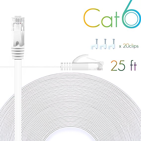 Cat 6 Ethernet Cable 25 FT Flat Internet Network Cables with Cable Clips Short Cat6 Ethernet Patch Cable With Snagless Rj45 Connectors White Computer Lan Cable（25FT）