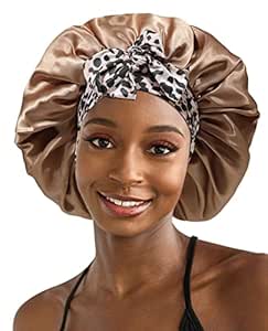 Satin Bonnet for Women Silk Hair Bonnet for Sleeping Cap with Band Double Layer Night Cap for Curly Hair Wrap (Coffee(Leopard Band))