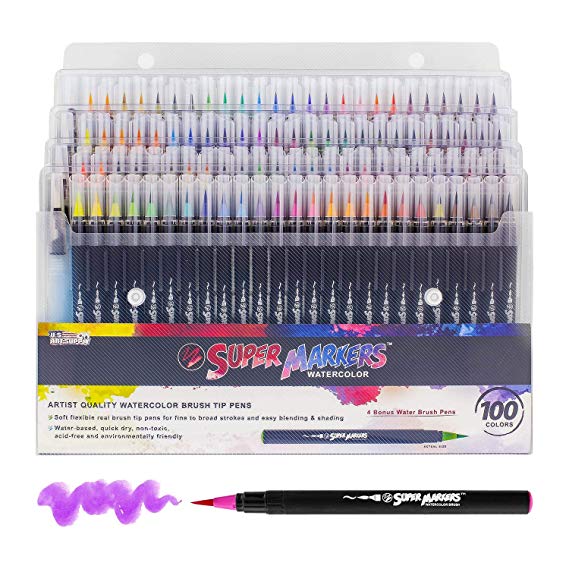 100 Color Super Markers Watercolor Real Brush Pen Set with 4 Bonus Water Brush Pens - Soft Flexible Brush Tips - Fine & Broad Lines, Vibrant Colors - Coloring Books, Manga, Comic, Calligraphy, Art