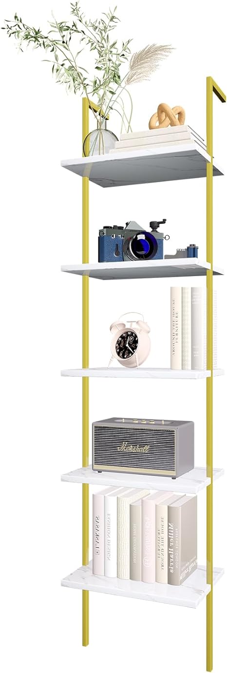 aboxoo Ladder Shelf 5 Tiers Metal Industrial Bookshelf,White Faux Marble Wood Tall Open Storage Rack and Display Shelves,Wall Mount Wide Book Case for Home Office Bedroom,Small