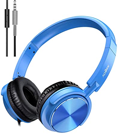 Vogek Foldable Headphones with Microphone, Portable Wired Headset with Deep Bass, Safe Volume Limited 94dB, Adjustable Headband and Noise Isolation for Kids Students Teens (Blue)