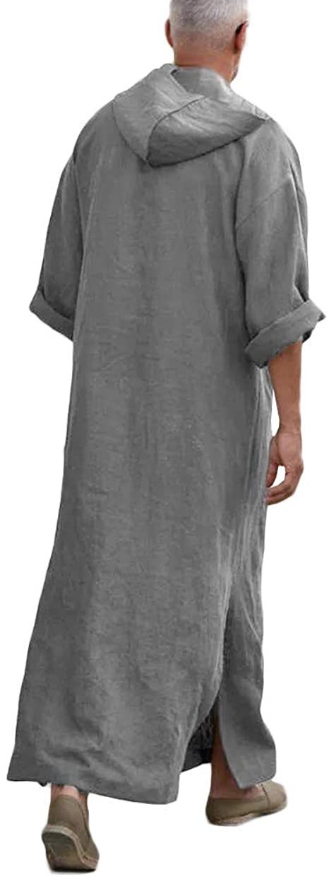 Makkrom Mens Henley Robes Roll-up Sleeve Casual Kaftan Solid Ankle Length Thobe Ultra Long Gown Kangaro Pocket
