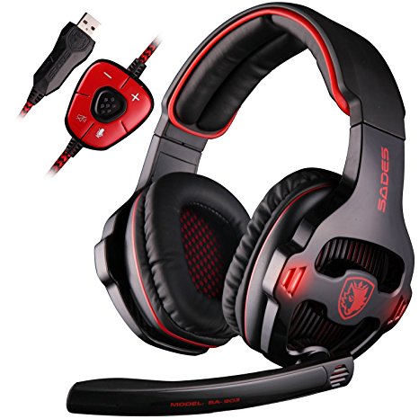 SADES SA903 7.1 Surround Sound Stereo Pro PC USB Gaming Headset Headband Headphones with Microphone Deep Bass Over-the-Ear Noise Isolating Volume Control LED Lights For PC Gamers(Black)