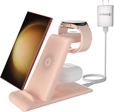 3 in 1 Charging Station Wireless Charger Stand Compatible with Samsung Galaxy S23/S22/S21/Note 20/10/Z Flip/Fold 4 3/Galaxy Watch 6(Classic)/5(Pro)/4/Buds2 Pro/Buds Pro/Live Multiple Devices(Pink)