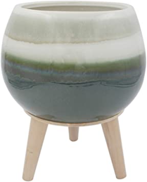 Amazon Brand – Rivet Mid-Century Stoneware Planter with Wood Stand, 11.02"H, Green Ombre