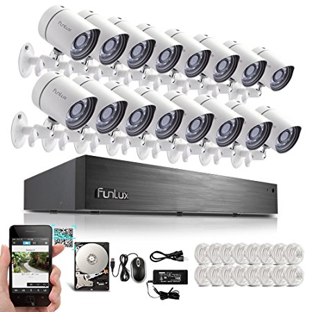 Funlux® 16 Channel PoE NVR Security System - 16 Megapixel 720P HD Outdoor IP Network CCTV Surveillance Camera Kit with 2TB Hard Drive & Scan QR Code Quick to View