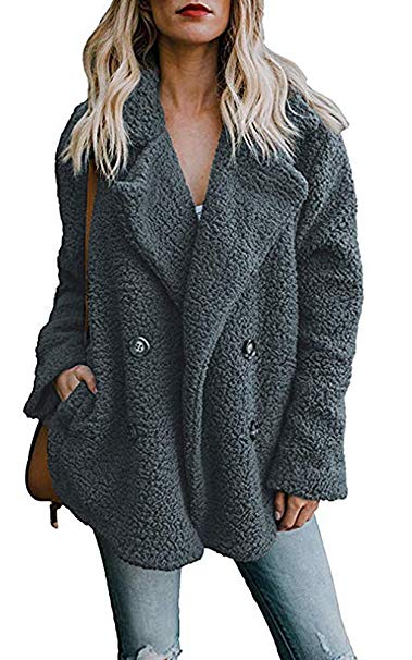 OopStyle Womens Lapel Sherpa Fleece Open Front Coat with Pockets Outerwear