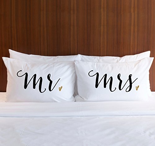 Pillowcase Set "Mr & Mrs" Pair of 2 Pillowcases for Couples (2 Standard/Queen Pillowcases) Wedding Gift, Bridal Shower Gift or Anniversary Gift for Him or Her