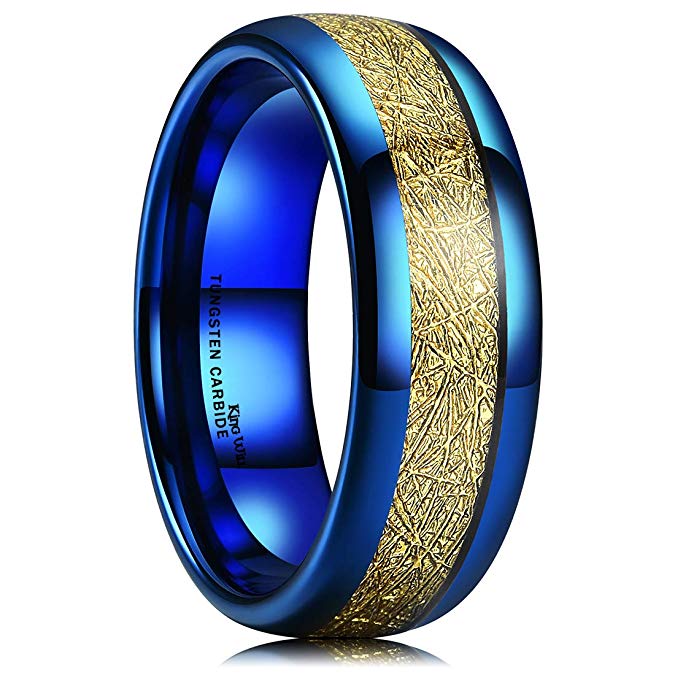 King Will Meteor Mens 8mm Blue Tungsten Carbide Sliver/Gold Meteorite Inlay Domed High Polished Ring