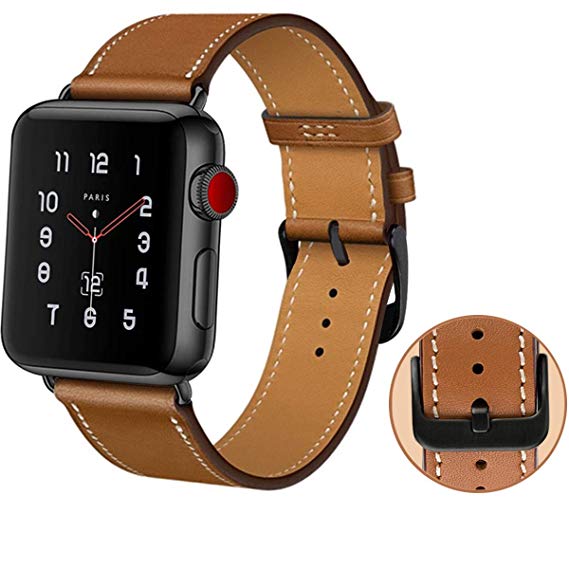 40 mm / 38 mm Leather Band Compatible with iWatch 40mm 38mm, Genuine Leather Strap Watch Bands Replacement for iWatch Series 4 40 mm Series 3 Series 2 Series 1 38 mm, Brown Band Black Clasp